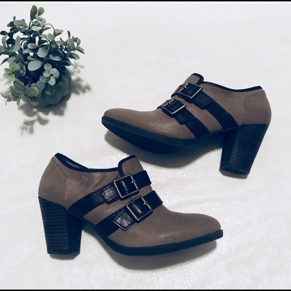 Super cute heeled booties with strap accents